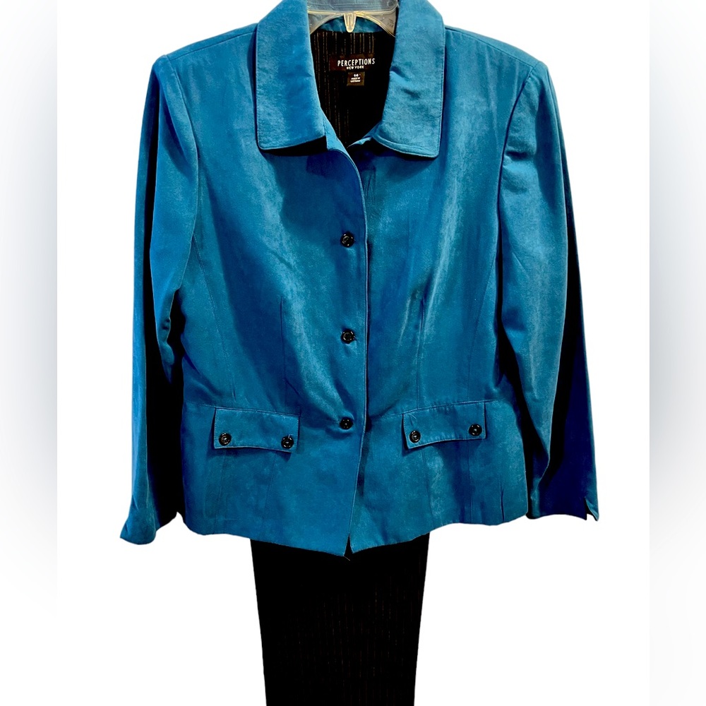 Turquoise Suede Like Blazer with Black Pinstripe Pants by Perceptions. Size = 14